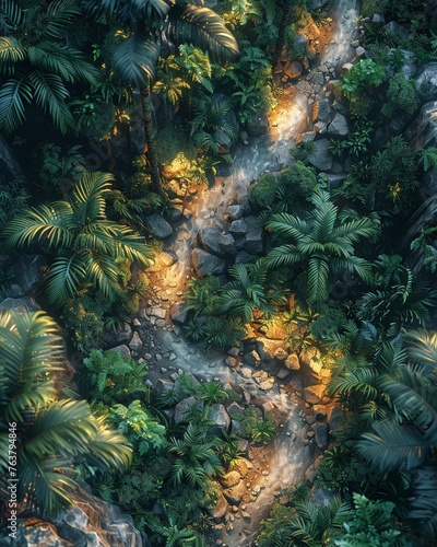 Bring your audience on an adventure! Design an aerial view capturing treks through lush, dense jungles Highlight winding paths, diverse flora, and hidden surprises Make the viewer want to step into th