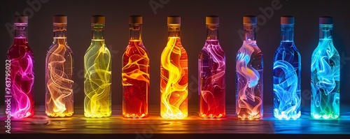 Capture the essence of emotions in a unique way! Design a visually captivating long shot of luminescent bottles filled with liquids that change colors and patterns based on emotions The perfect blend 
