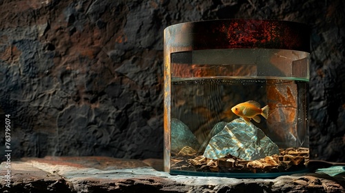 Interior with a goldfish swimming in the water of a rusty aquarium on an old table on a dark background. Interior concept of a room with aquatic animals and a pet store
