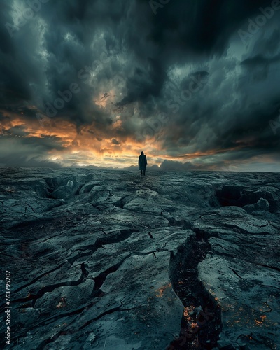 Capture the essence of survival in a post-apocalyptic world with a wide-angle shot showing a lone figure navigating a desolate landscape against a dramatic sky The image should convey a sense of resil photo