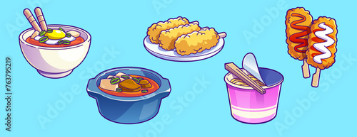 Korean traditional food set isolated on blue background. Vector cartoon illustration of asian dishes with spicy meat, eggs, vegetables and noodles in bowl and cardboard box, restaurant menu icons