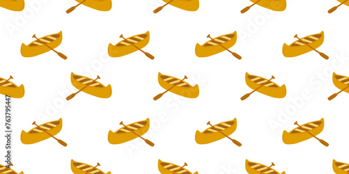 Seamless pattern with vector flat canoe isolated on white. Cartoon kayak with paddle
