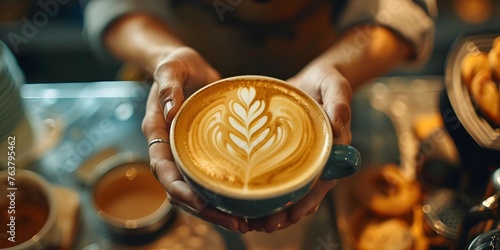 Skilled Barista Crafting Intricate Latte Art with Precision and