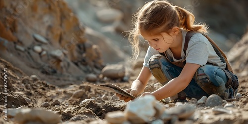 Young Girl Carefully Uncovering Fossils in Rugged Outdoor Landscape