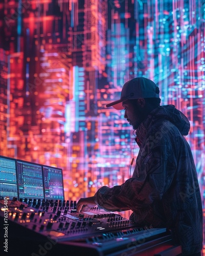 Craft a visually engaging composition showcasing a musician and AI working together in a futuristic studio setting, capturing the essence of collaboration in creating new music genres and compositions