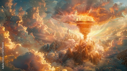 Craft an ethereal image of the mythical cup floating above a sea of clouds, surrounded by mythical creatures Highlight the cups perpetually full nature with a radiant glow and intricate details