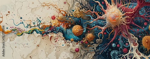 Create a captivating side view graphic showcasing the intricate world of scientific illustration Incorporate detailed anatomical drawings, microorganisms, and botanical elements Inspire wonder and cur photo