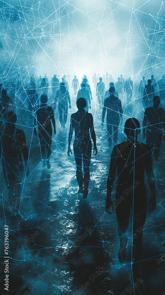 Design a captivating image showing interconnected human silhouettes merging into a digital network, representing the evolution of collective consciousness Focus on unity and technological advancement