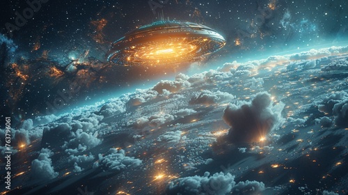 Design a captivating image of Earth seen from a birds-eye view, with a glowing UFO hovering above Incorporate elements symbolizing the philosophical implications of encountering extraterrestrial life photo