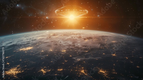 Design a captivating image of Earth seen from a birds-eye view, with a glowing UFO hovering above Incorporate elements symbolizing the philosophical implications of encountering extraterrestrial life