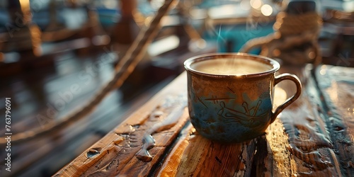 Cozy Caffeinated Adventure on a Weathered Pirate Ship Deck