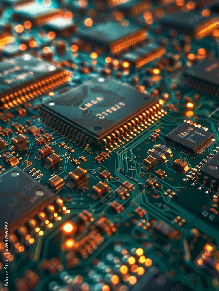 Dive deep into the heart of technology by showcasing the microarchitecture of semiconductor chips from a captivating tilted angle Emphasize the precision and complexity that fuel the digital worlds pr
