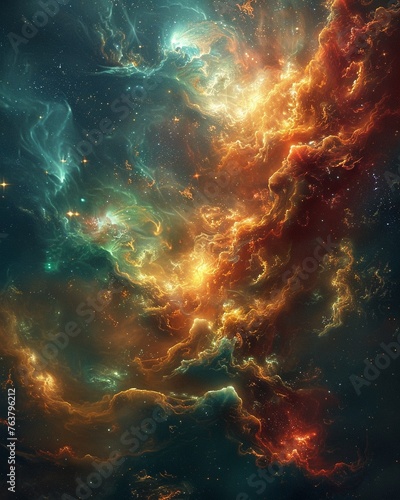 Design an attention-grabbing image showcasing a surreal world inside the plasma of stars Highlighting vibrant colors, swirling shapes, and mysterious life forms to evoke curiosity and wonder #763796212