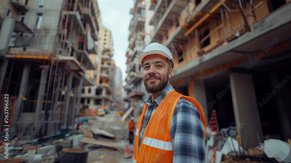Obraz premium Portrait of a foreman or worker against the backdrop of a construction site. Construction site manager wearing a hard hat and safety vest. A satisfied manager looks at the camera. AI generative