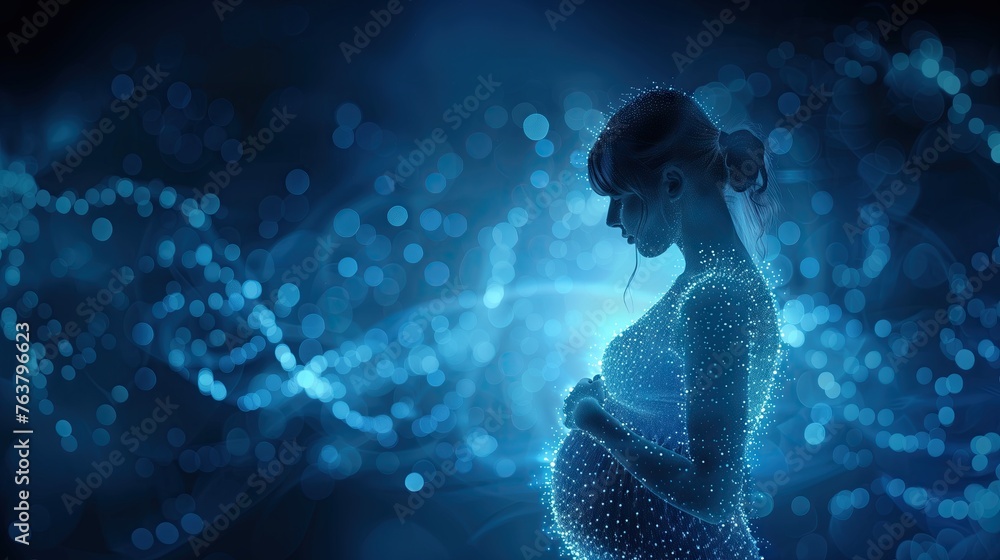 transparent holographic image of pregnant woman. - obrazy, fototapety, plakaty 