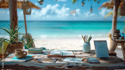 Work desk with work equipment: pens, pencils, paper, and laptops arranged neatly. The background is a clean beach and sea waves, with the concept of working with the nature of the sandy beach.