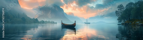 Immerse viewers into the mystical world of Norse legends with a dynamic rear view image showcasing a Viking ship sailing towards the horizon Capture the essence of adventure and ancient myths in a bol photo