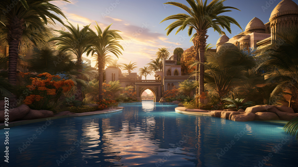 A magical oasis in the desert with palm trees