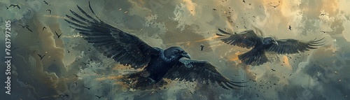 Transport your audience to the heart of Norse mythology with a breathtaking rear view illustration of Odins ravens, Huginn and Muninn, soaring through the sky Infuse the image with a sense of mystery  photo