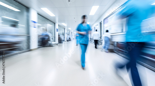 Blurred Motion of Healthcare Professionals Hustling in a Hospital Corridor, Conveying Urgency and the Fast-Paced Nature of Medical Work Environments
