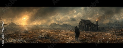 Visualize a wide-angle perspective of a makeshift shelter in a post-apocalyptic setting, surrounded by barren land and remnants of the old world Show a sliver of light breaking through the darkness, s photo