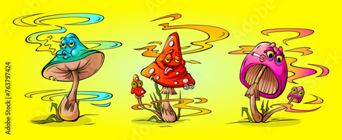 Magic psychedelic and trippy mushroom illustration. Retro groovy graphic drawing with eye. Vintage cartoon abstract psilocybin fungus from sixties. Cute vibrant and fluorescent fungi mascot set