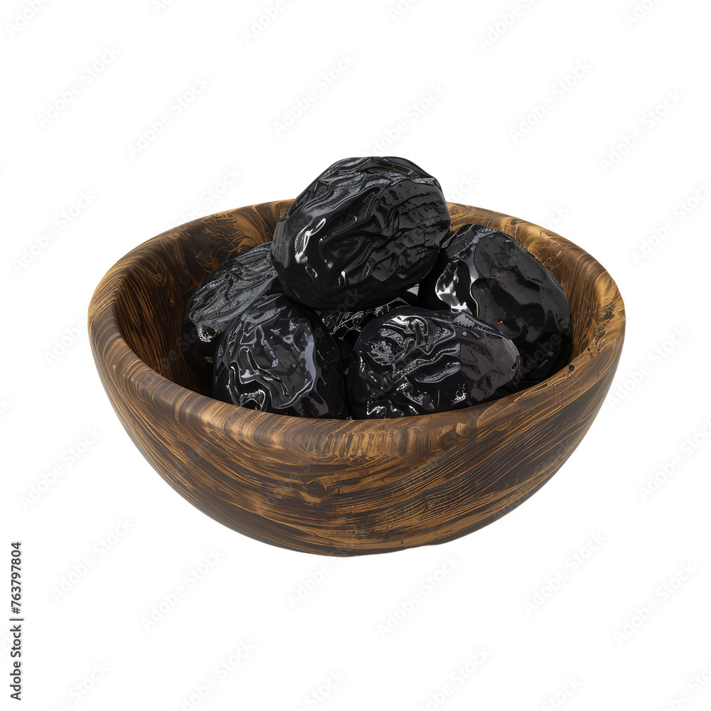 Prunes in a wooden bowl isolated on transparent background Prunes in a wooden bowl isolated on transparent background