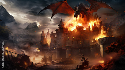 A medieval castle under siege by a dragon.