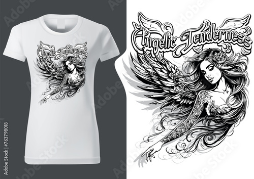 Angelic Tenderness as a Motif with a Beautiful Girl with Long Hair for Textile Print - Black and White Illustration, Vector