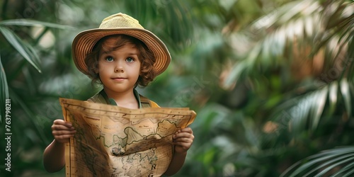 Fototapeta Naklejka Na Ścianę i Meble -  Young explorer Holding a Jungle Map for Adventure and Discovery