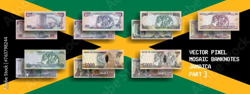 Vector set of pixel mosaic banknotes of Jamaica. Collection of notes in denominations of 50, 100, 500, 1000 and 5000 dollars. Obverse and reverse. Play money or flyers. Part 3