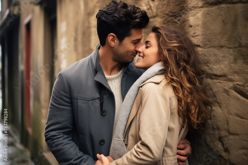 Loving Young Couple Embracing on a City Street, Sharing a Tender Moment with Joyful Smiles, Symbolizing Romance and Affection in Everyday Life