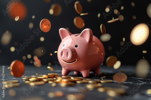 Piggy bank with falling coins. Savings and investment
