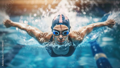 Professional Swimming Athlete in action front angle view under and over water, aerobic swimmer, proudly represent and wearing the United States flag pattern on head covering and swim goggles