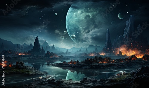 Fantasy Landscape Painting With Planets