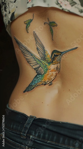 A UHD capture of a lady's ribcage adorned with a delicate hummingbird tattoo, its vibrant colors and graceful flight captured in stunning detail against a soft, solid background. photo