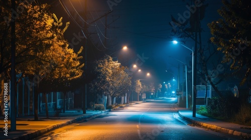 Empty Street at Night With Illuminated Street Lights
