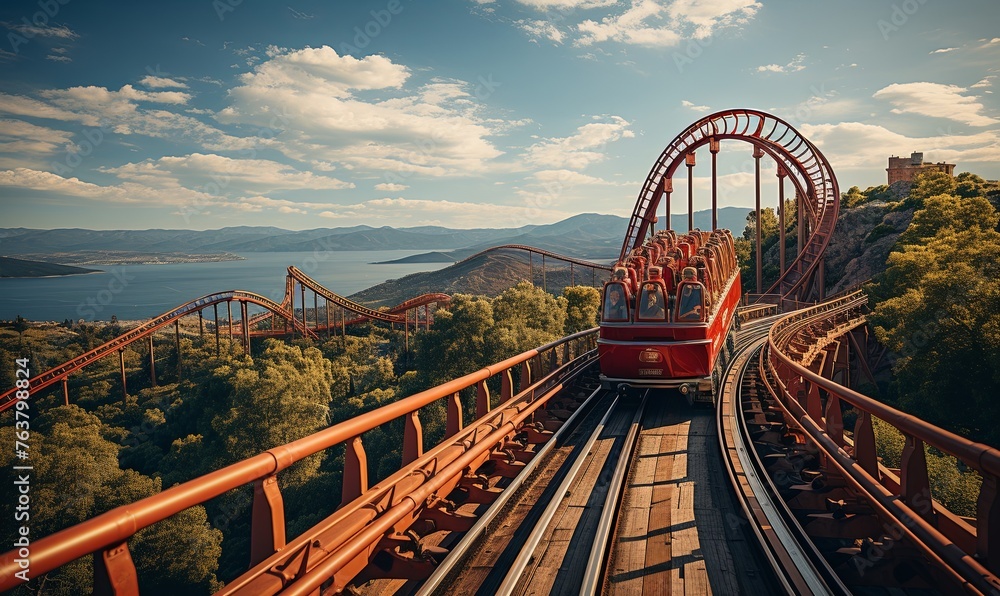 Red Train Passing Roller Coaster Red Train Passing Roller Coaster