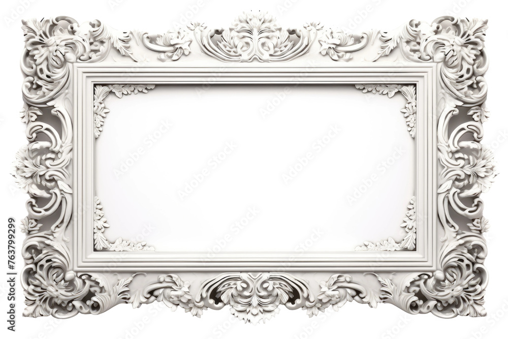 Ornate White Frame on White Background. On a White or Clear Surface PNG Transparent Background.