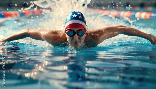 Professional Swimming Athlete in action front angle view under and over water, aerobic swimmer, proudly represent and wearing the United States flag pattern on head covering and swim goggles © Virgo Studio Maple
