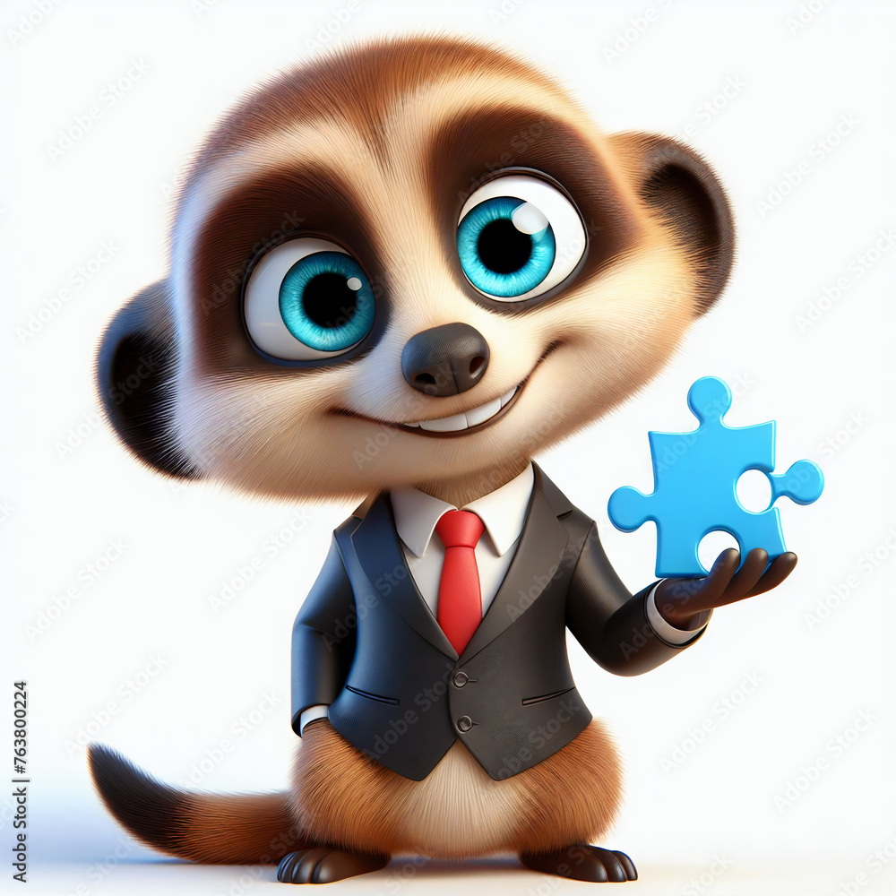 3d meerkat character standing holding piece of puzzle- strategy, solution, business concept