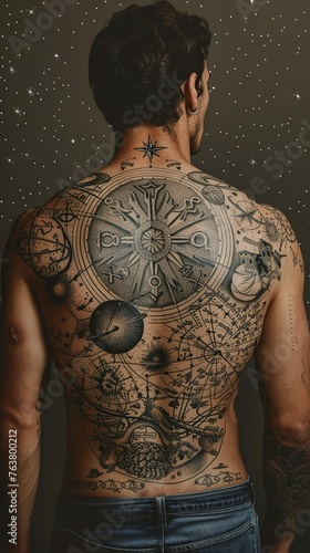 The mystical allure of a celestial-themed zodiac tattoo spanning a man's back, with intricate astrological symbols and cosmic motifs set against a starry, solid backdrop.