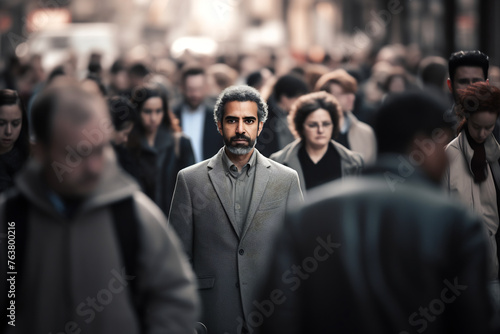 Focused Businessman Standing Out in a Crowded Urban Street, Representing Leadership, Individuality, and the Concept of Against the Current in a Busy Society