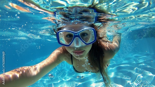 girl swims in the pool