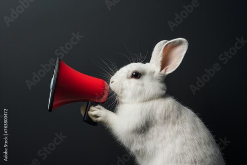 White rabbit with a megaphone on a dark background, side view. Generative Ai