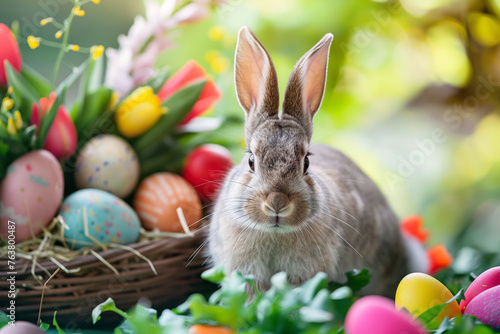 Cute Easter bunny with a basket of Easter eggs, springtime. Generative Ai