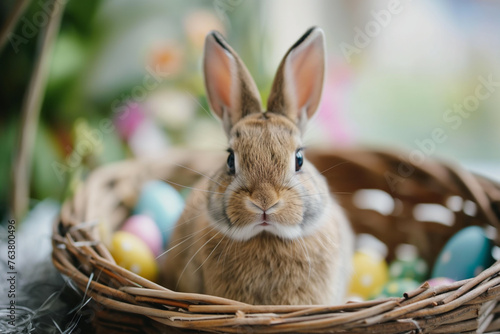 Cute Easter bunny with a basket of Easter eggs, springtime. Generative Ai
