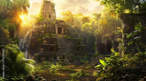 The golden rays of the sun shine through lush jungle foliage onto an enigmatic temple  evoking a sense of discovery and ancient beauty.