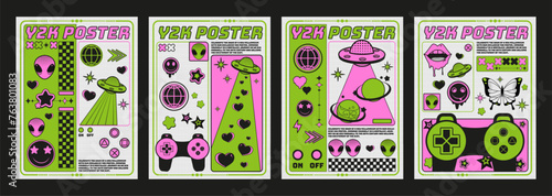 Y2k poster design with retro elements of alien face and ufo, gamepad and smileys, heart and star shapes. Vector set of retro 2000s aesthetic style banner or cover with vintage images and text.