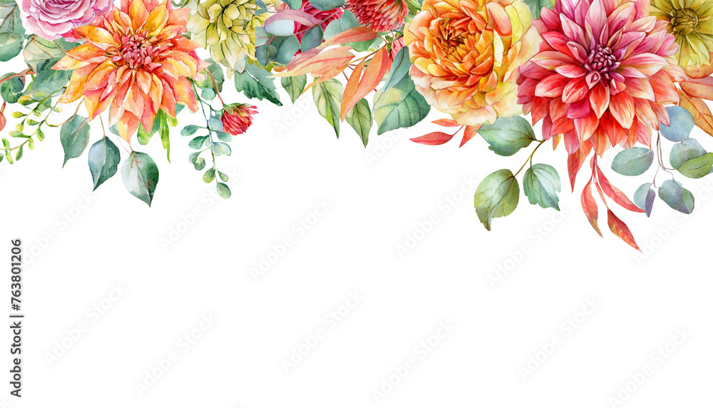 watercolor illustration of hanging Autumn floral corner border with dahlia, rose and eucalyptus leaves. isolated on transparent background background - obrazy, fototapety, plakaty 